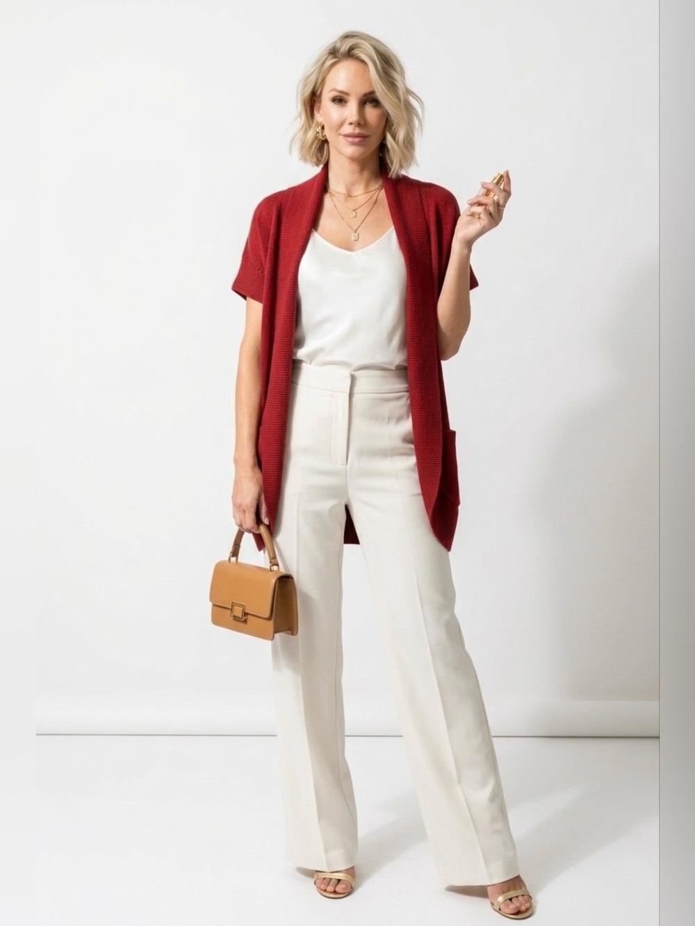 CACHE Women's Open Front Cardigan size XS Red Burgundy Short Sleeve pockets Wool